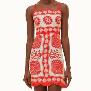 Farm Rio 100% Linen Mini Dress with Red Coral Seashell Design